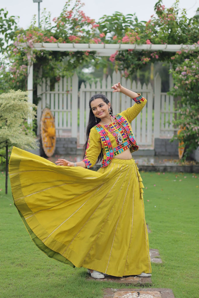 Parrot Green Navratri Special Roman Fabric Lehenga Set with Kutchi Gamthi Embroidery & Gota Patti Lace ClothsVilla