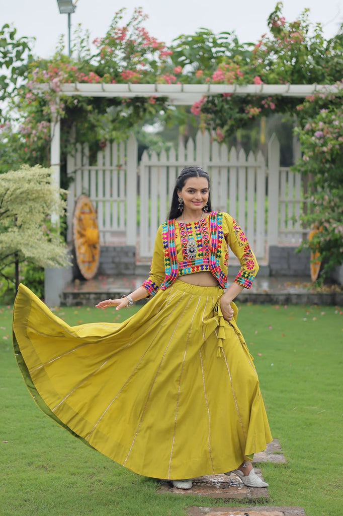 Parrot Green Navratri Special Roman Fabric Lehenga Set with Kutchi Gamthi Embroidery & Gota Patti Lace ClothsVilla