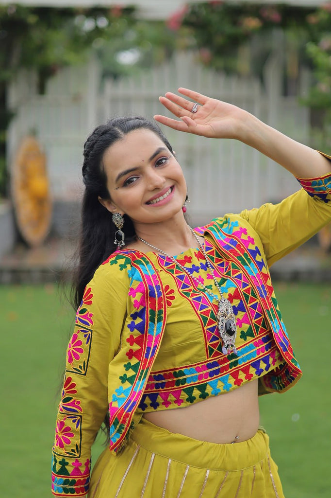 Parrot Green Navratri Special Roman Fabric Lehenga Set with Kutchi Gamthi Embroidery & Gota Patti Lace ClothsVilla