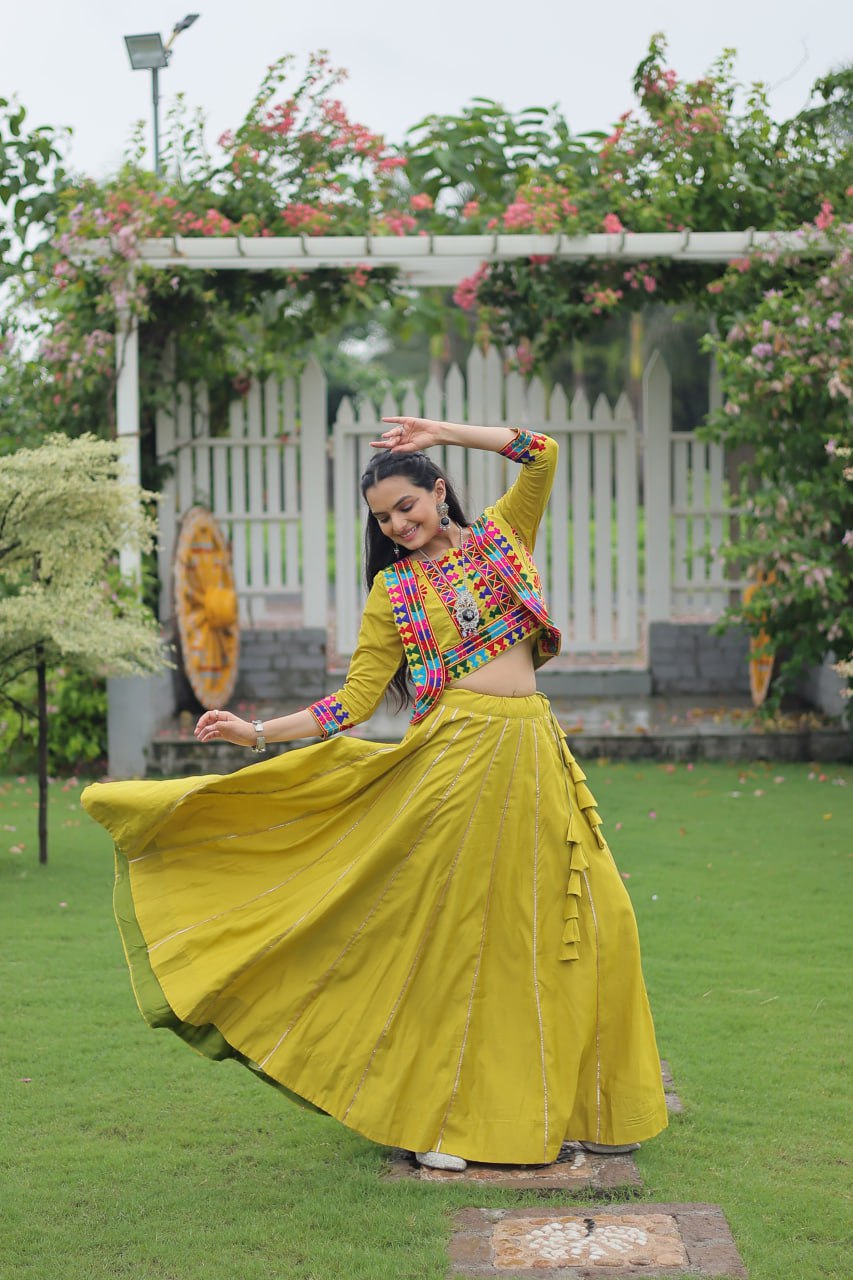 Parrot Green Navratri Special Roman Fabric Lehenga Set with Kutchi Gamthi Embroidery & Gota Patti Lace ClothsVilla