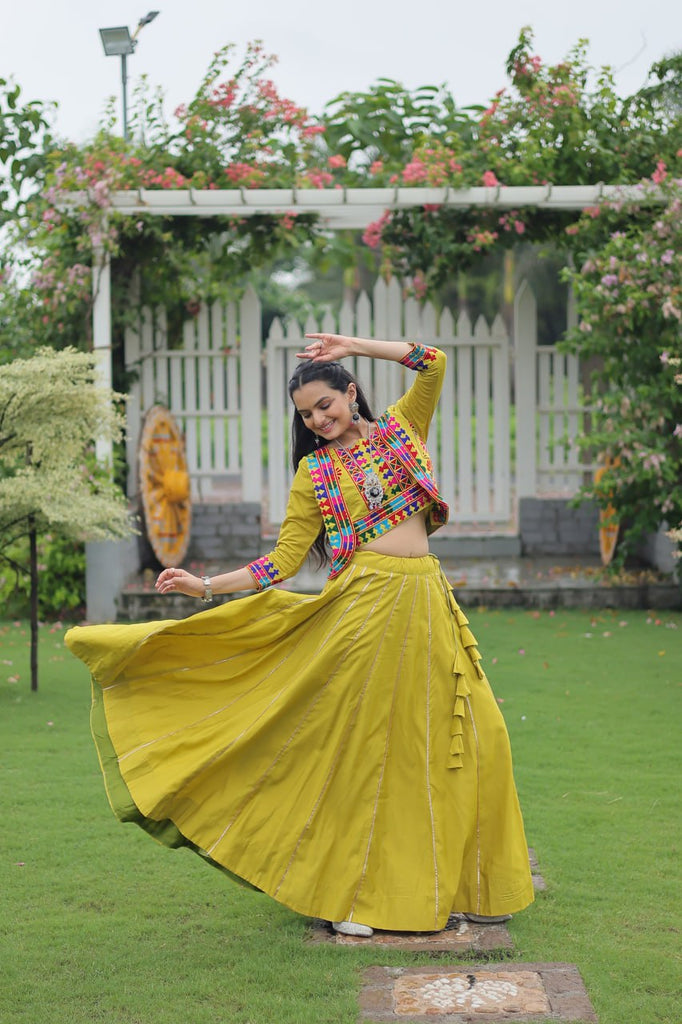 Parrot Green Navratri Special Roman Fabric Lehenga Set with Kutchi Gamthi Embroidery & Gota Patti Lace ClothsVilla