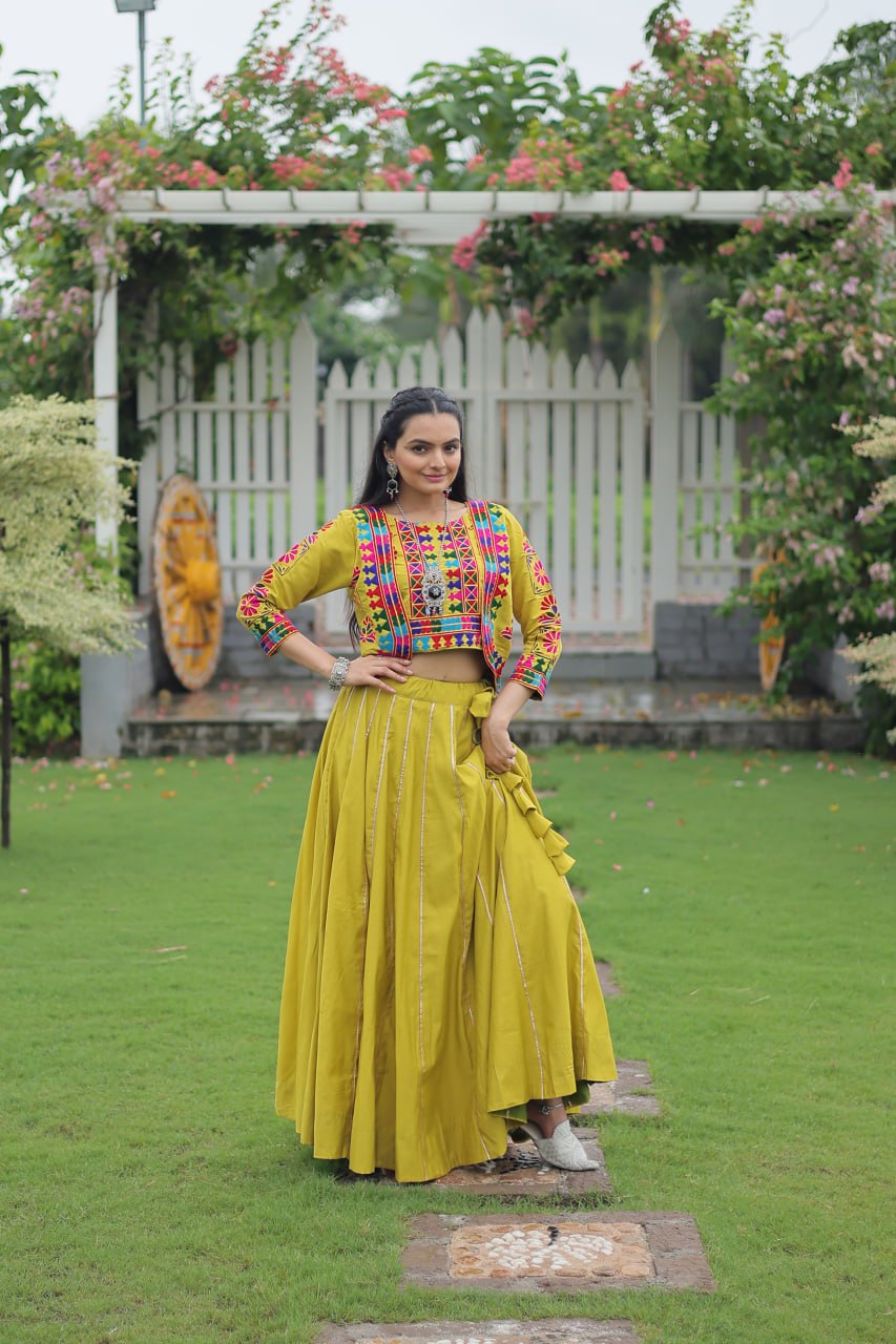 Parrot Green Navratri Special Roman Fabric Lehenga Set with Kutchi Gamthi Embroidery & Gota Patti Lace ClothsVilla