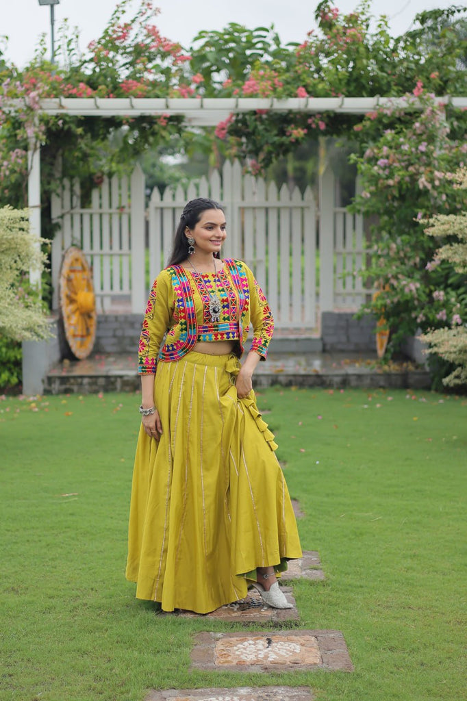 Parrot Green Navratri Special Roman Fabric Lehenga Set with Kutchi Gamthi Embroidery & Gota Patti Lace ClothsVilla