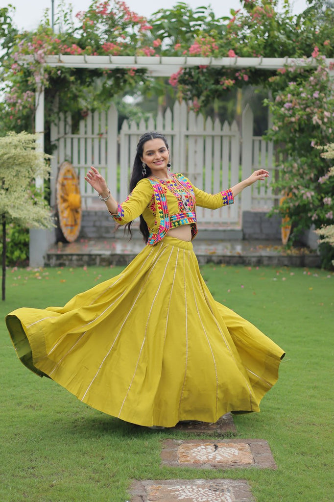 Parrot Green Navratri Special Roman Fabric Lehenga Set with Kutchi Gamthi Embroidery & Gota Patti Lace ClothsVilla