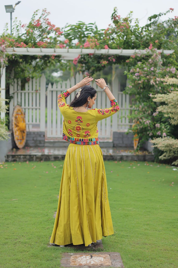 Parrot Green Navratri Special Roman Fabric Lehenga Set with Kutchi Gamthi Embroidery & Gota Patti Lace ClothsVilla