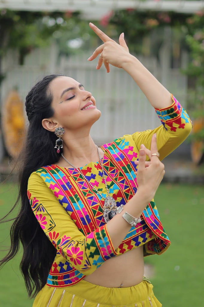 Parrot Green Navratri Special Roman Fabric Lehenga Set with Kutchi Gamthi Embroidery & Gota Patti Lace ClothsVilla