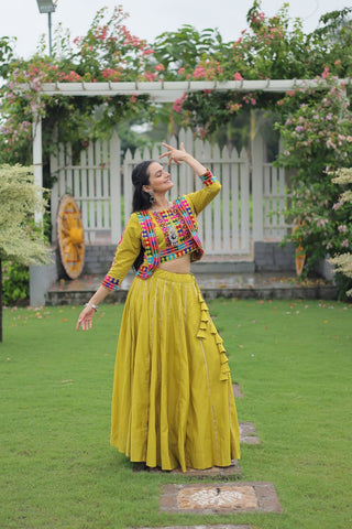 Parrot Green Navratri Special Roman Fabric Lehenga Set with Kutchi Gamthi Embroidery & Gota Patti Lace ClothsVilla
