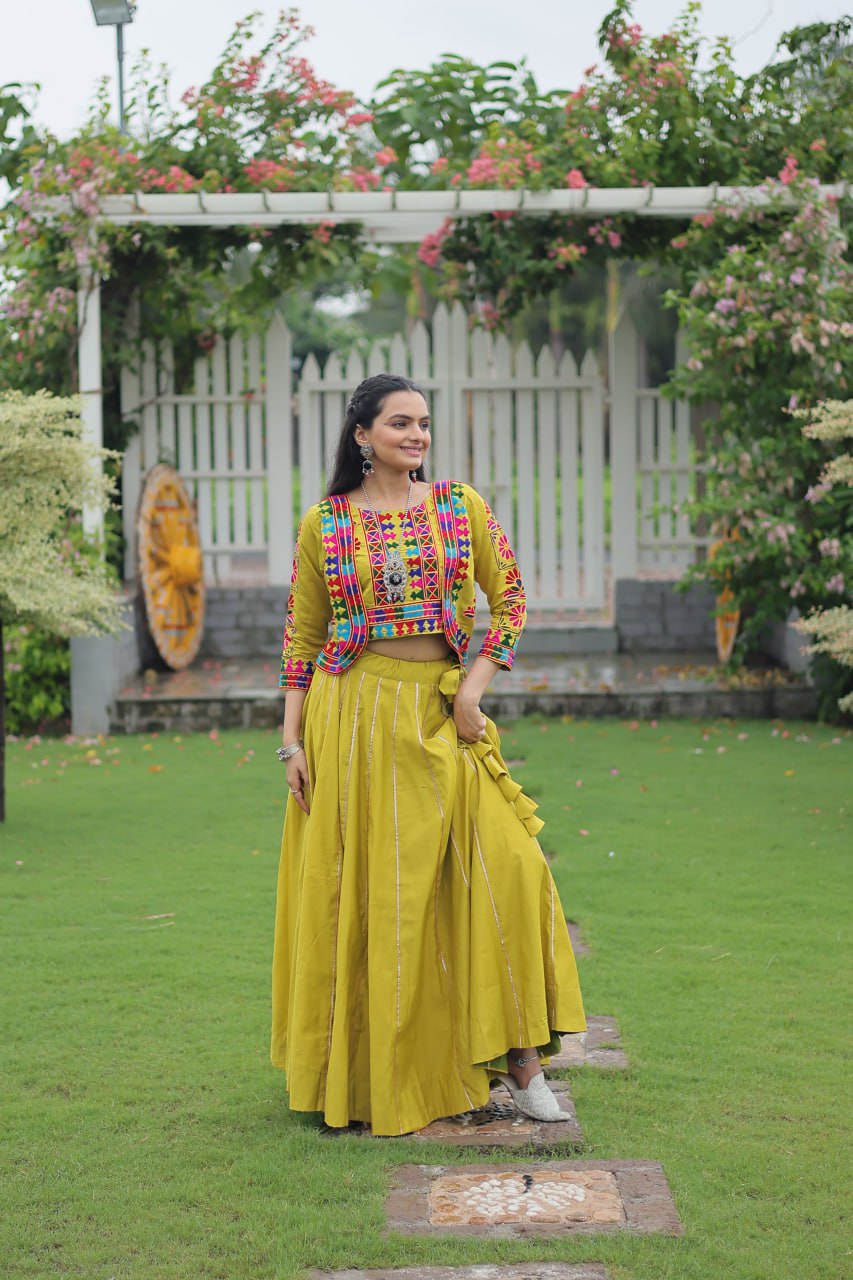Parrot Green Navratri Special Roman Fabric Lehenga Set with Kutchi Gamthi Embroidery & Gota Patti Lace ClothsVilla