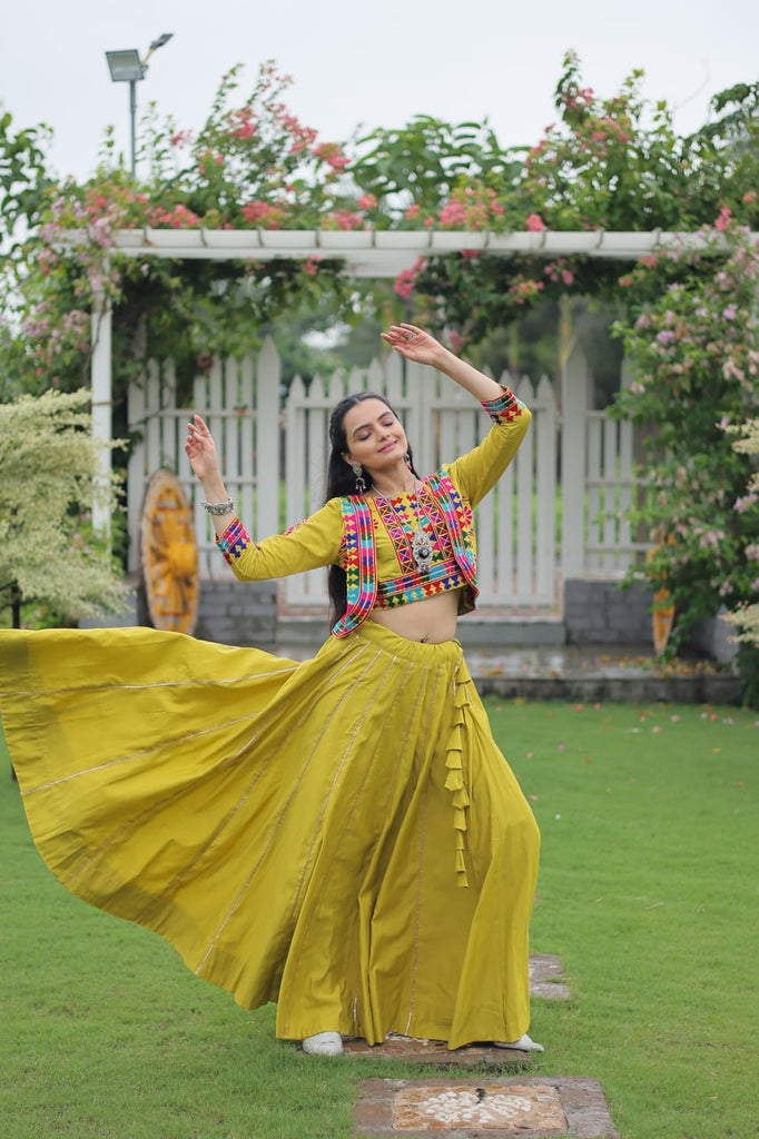 Parrot Green Navratri Special Roman Fabric Lehenga Set with Kutchi Gamthi Embroidery & Gota Patti Lace ClothsVilla
