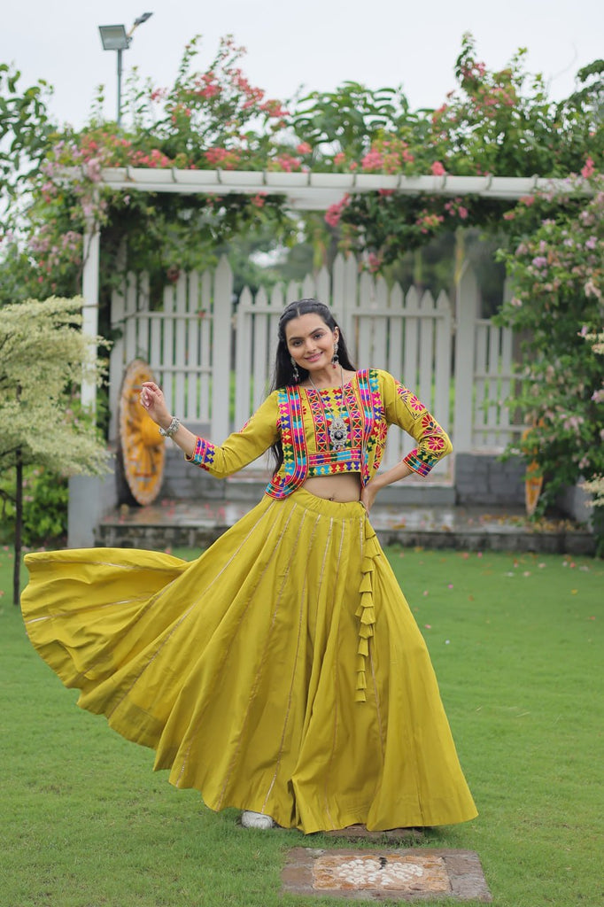 Parrot Green Navratri Special Roman Fabric Lehenga Set with Kutchi Gamthi Embroidery & Gota Patti Lace ClothsVilla