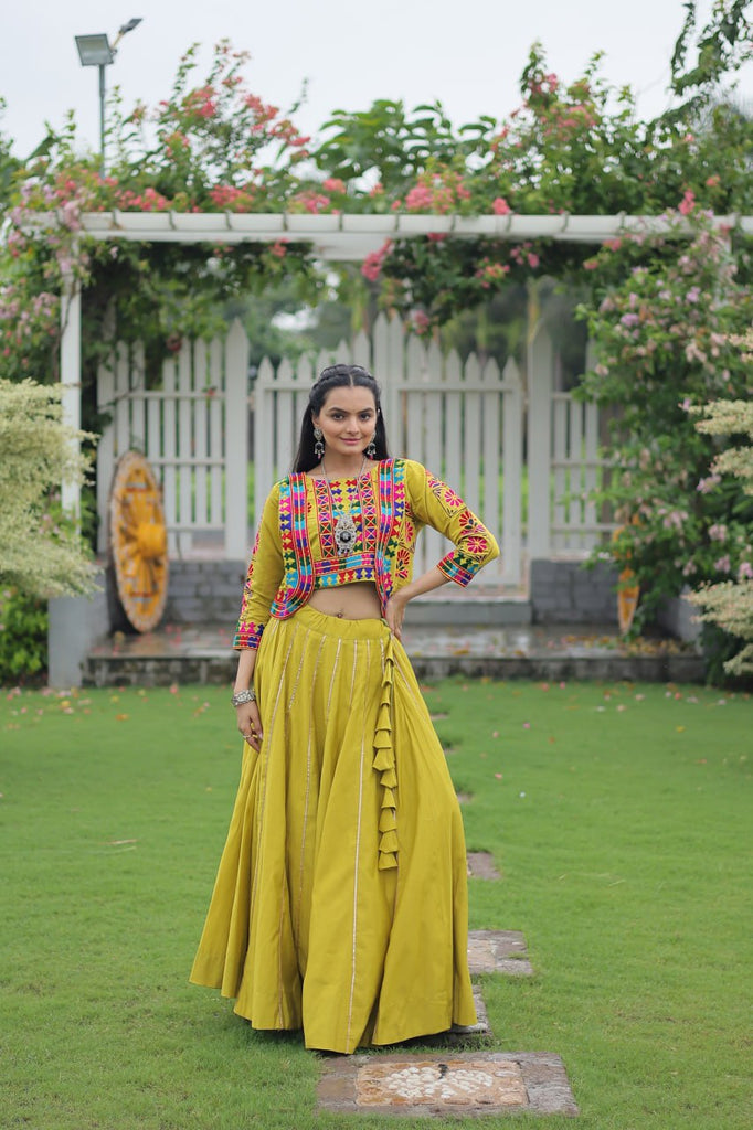 Parrot Green Navratri Special Roman Fabric Lehenga Set with Kutchi Gamthi Embroidery & Gota Patti Lace ClothsVilla