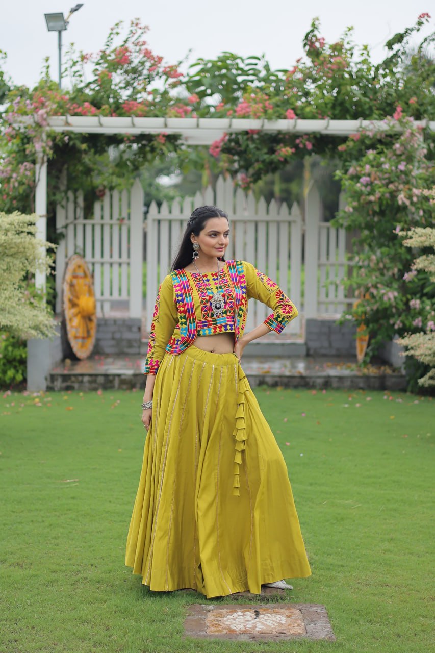 Parrot Green Navratri Special Roman Fabric Lehenga Set with Kutchi Gamthi Embroidery & Gota Patti Lace ClothsVilla