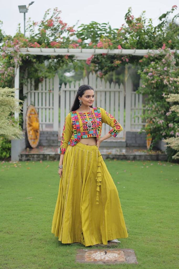 Parrot Green Navratri Special Roman Fabric Lehenga Set with Kutchi Gamthi Embroidery & Gota Patti Lace ClothsVilla