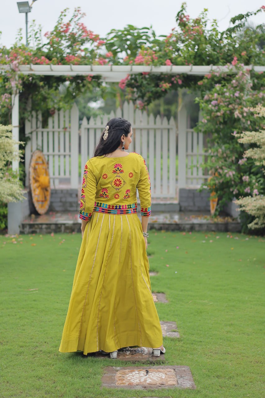 Parrot Green Navratri Special Roman Fabric Lehenga Set with Kutchi Gamthi Embroidery & Gota Patti Lace ClothsVilla