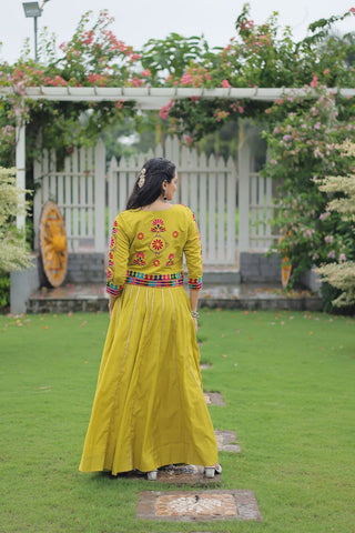 Parrot Green Navratri Special Roman Fabric Lehenga Set with Kutchi Gamthi Embroidery & Gota Patti Lace ClothsVilla
