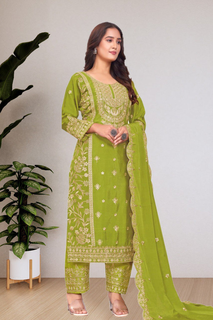 Parrot Green New Season Exclusive – Elegant Heavy Chinon Embroidered Suit Set  Fully Stitched ClothsVilla