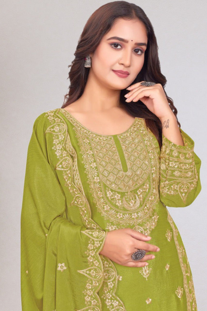 Parrot Green New Season Exclusive – Elegant Heavy Chinon Embroidered Suit Set  Fully Stitched ClothsVilla
