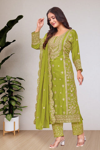 Parrot Green New Season Exclusive – Elegant Heavy Chinon Embroidered Suit Set  Fully Stitched ClothsVilla