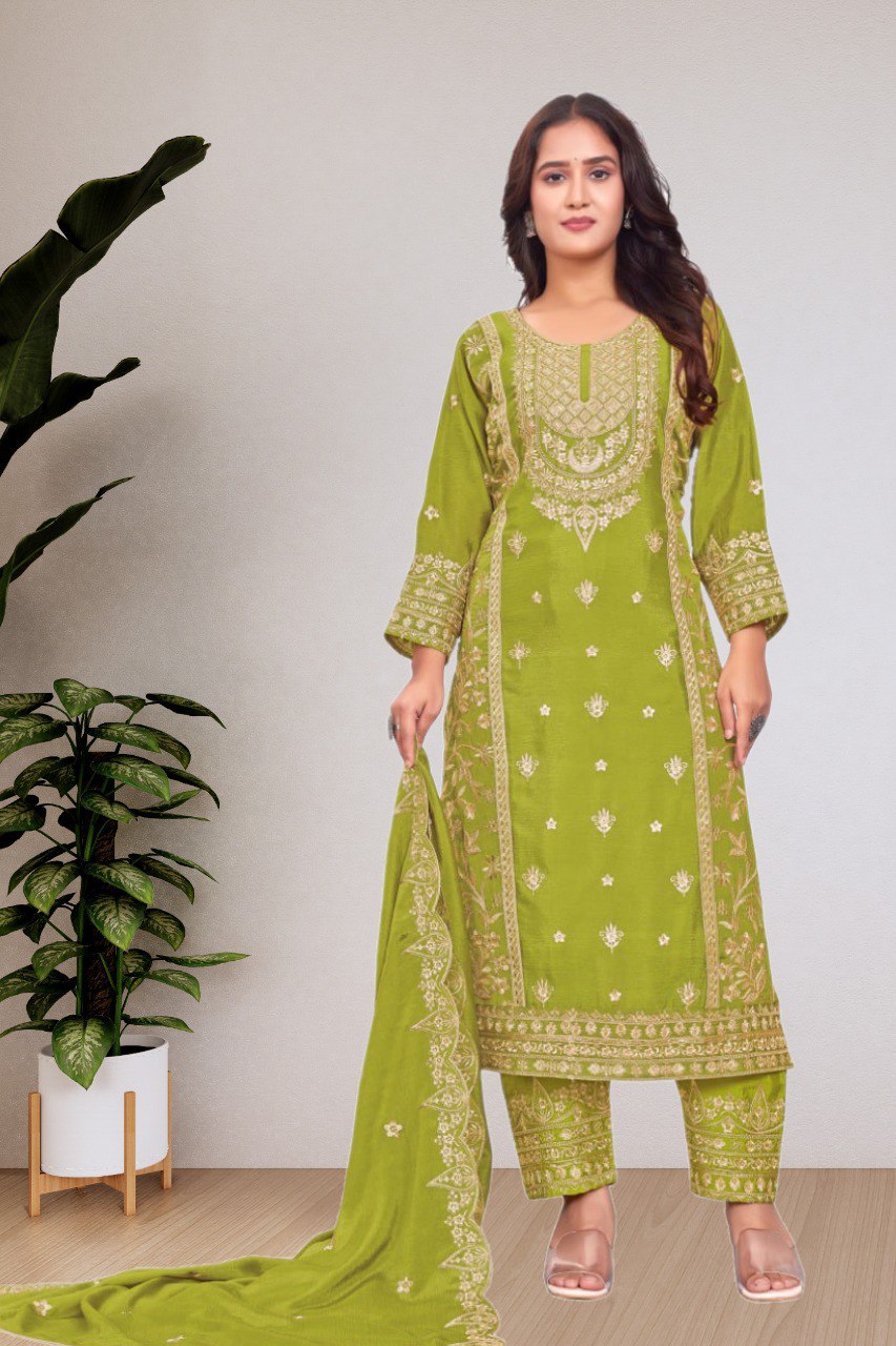 Parrot Green New Season Exclusive – Elegant Heavy Chinon Embroidered Suit Set  Fully Stitched ClothsVilla