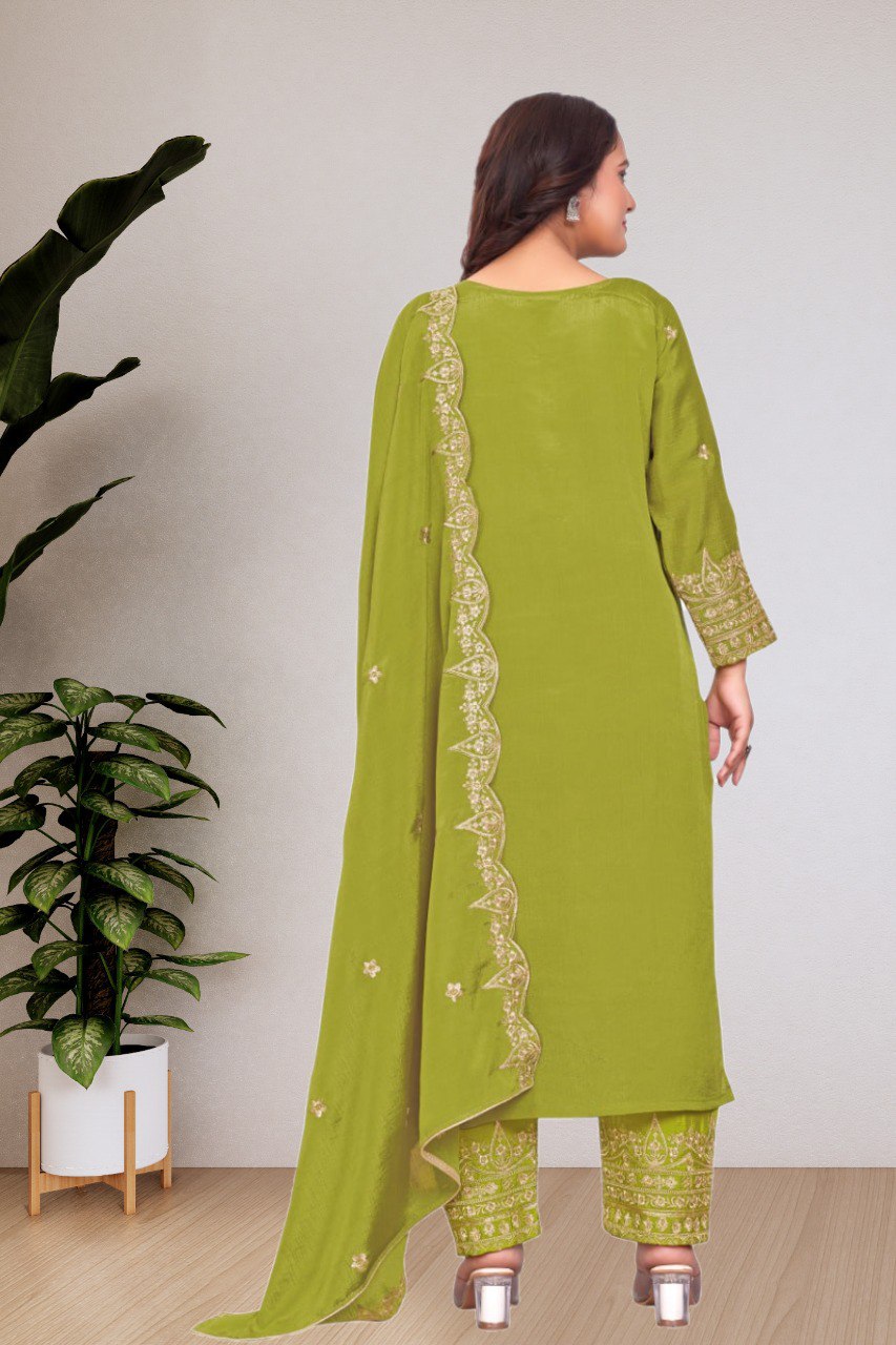 Parrot Green New Season Exclusive – Elegant Heavy Chinon Embroidered Suit Set  Fully Stitched ClothsVilla