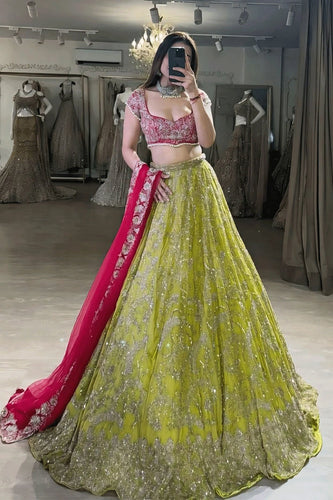 Parrot Green & Pink Designer Bridal Lehenga Set ClothsVilla