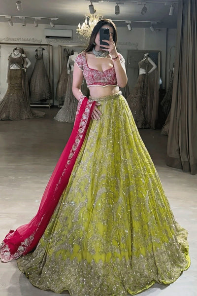 Parrot Green & Pink Designer Bridal Lehenga Set Parrot Green & Pink Designer Bridal Lehenga Set