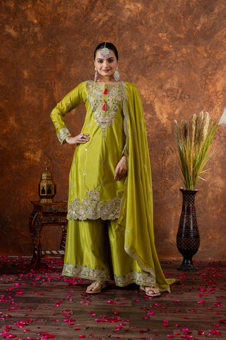 Parrot Green Premium Designer Chinon Silk Party Wear Top, Plazzo & Dupatta Set