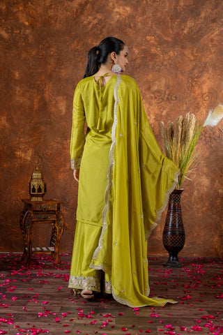 Parrot Green Premium Designer Chinon Silk Party Wear Top, Plazzo & Dupatta Set