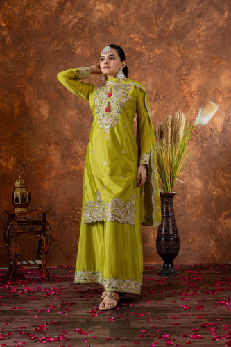 Parrot Green Premium Designer Chinon Silk Party Wear Top, Plazzo & Dupatta Set