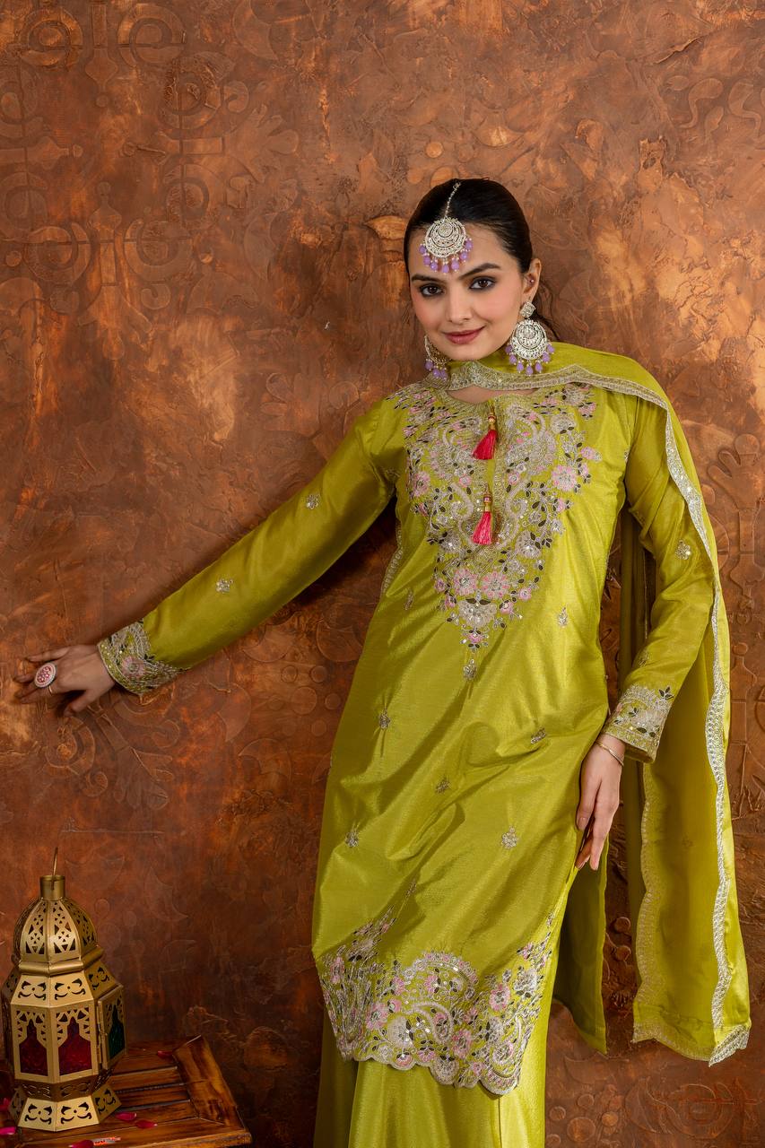 Parrot Green Premium Designer Chinon Silk Party Wear Top, Plazzo & Dupatta Set