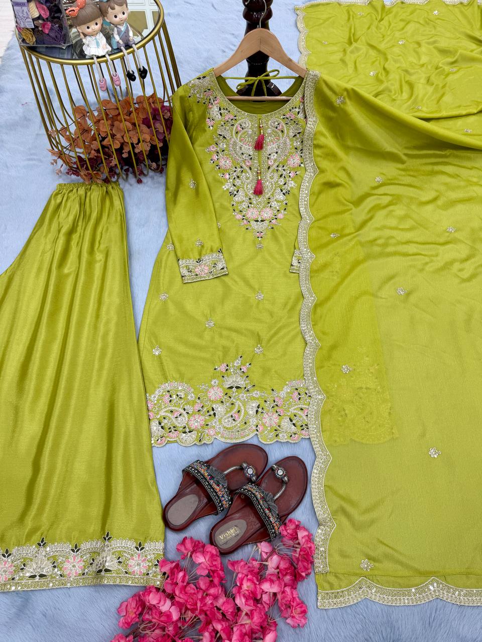 Parrot Green Premium Designer Chinon Silk Party Wear Top, Plazzo & Dupatta Set