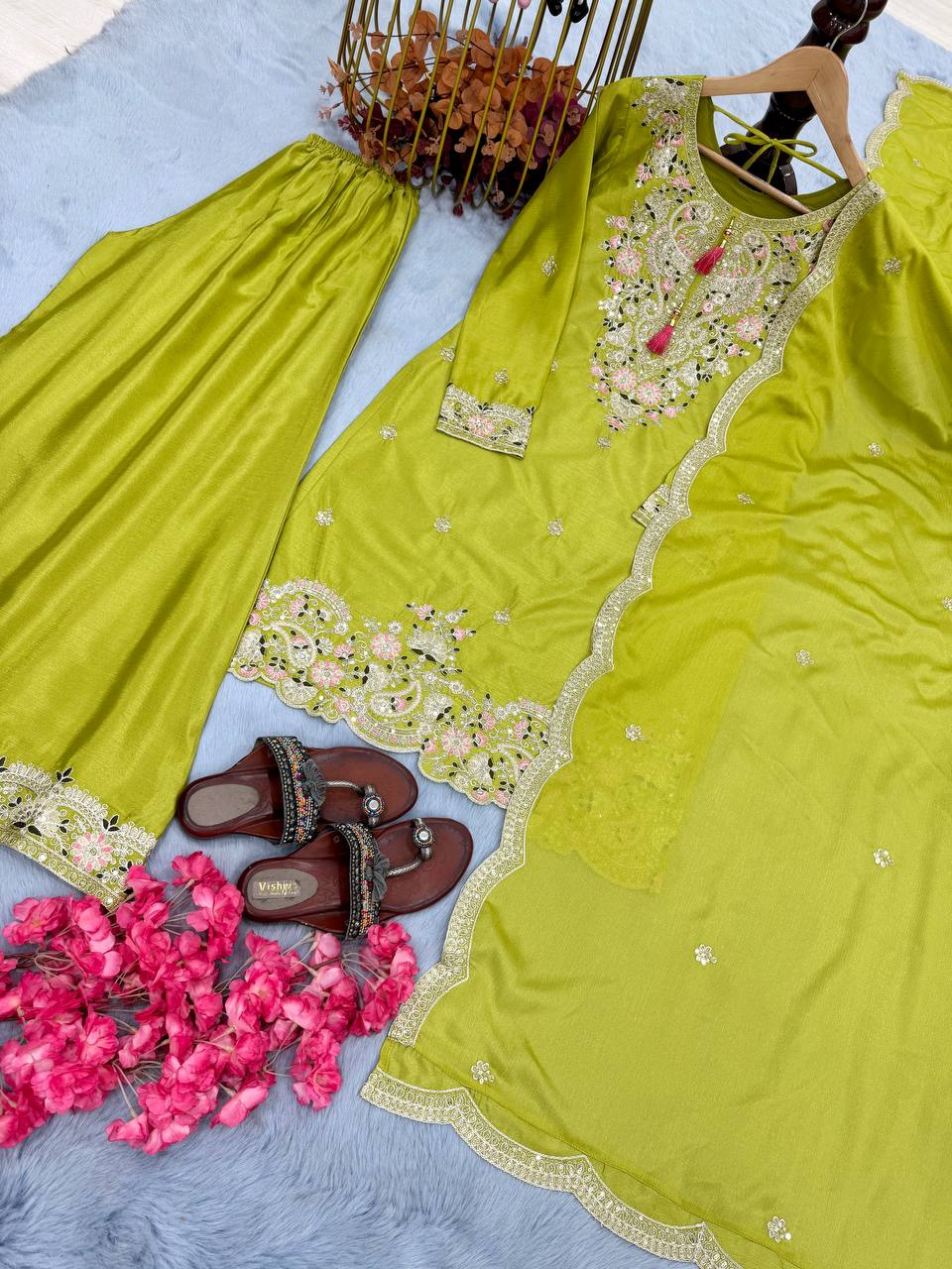 Parrot Green Premium Designer Chinon Silk Party Wear Top, Plazzo & Dupatta Set