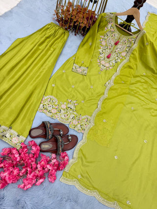 Parrot Green Premium Designer Chinon Silk Party Wear Top, Plazzo & Dupatta Set