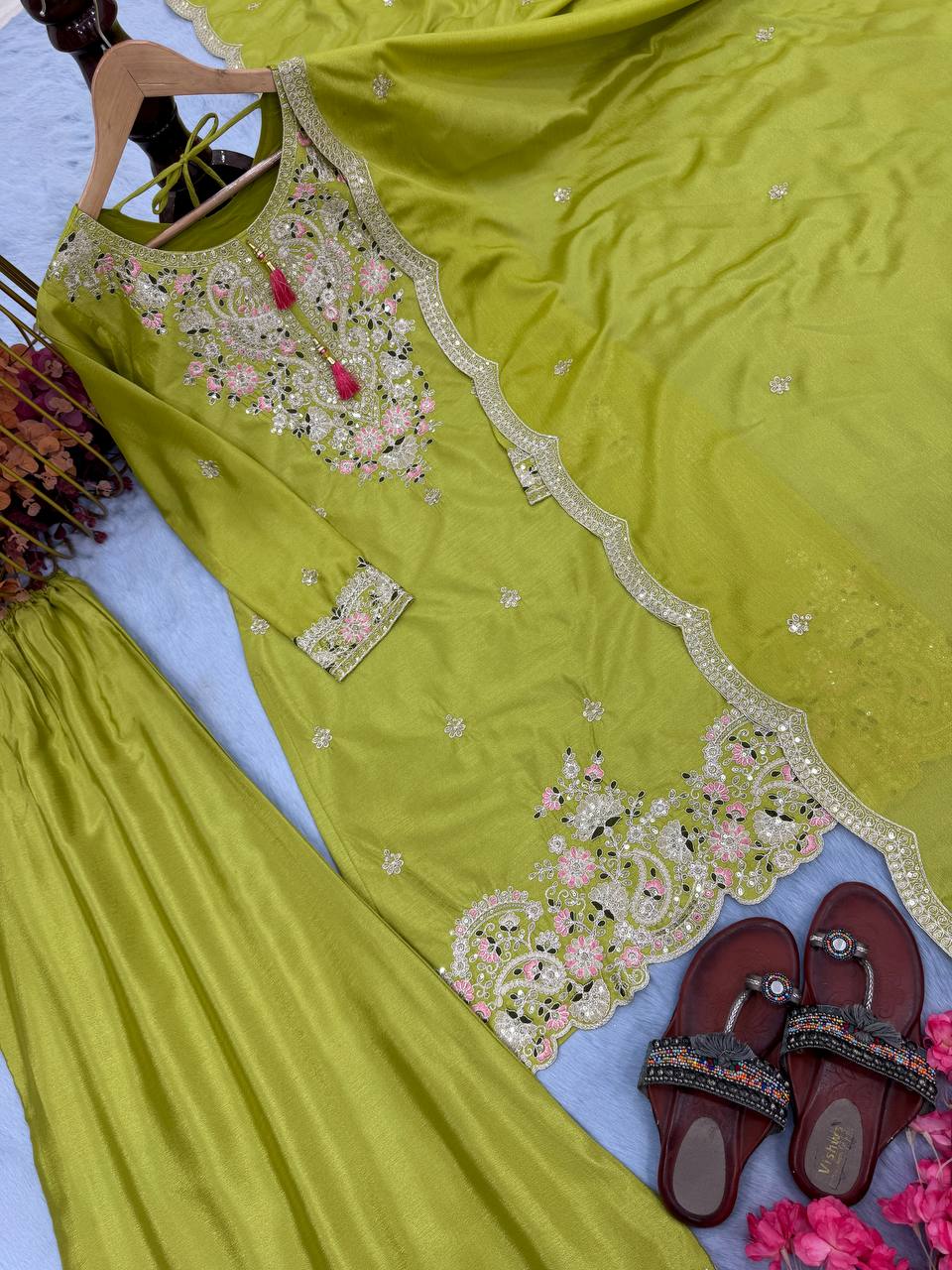 Parrot Green Premium Designer Chinon Silk Party Wear Top, Plazzo & Dupatta Set