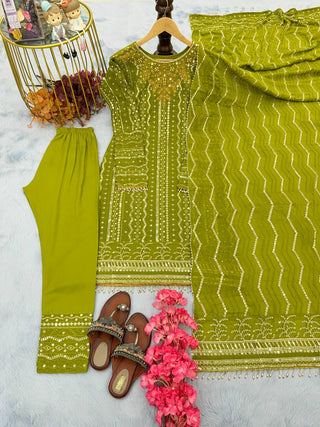 Parrot Green Premium Designer Party Wear Georgette Top, Bottom & Dupatta Set Clothsvilla