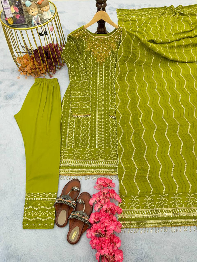 Parrot Green Premium Designer Party Wear Georgette Top, Bottom & Dupatta Set Clothsvilla