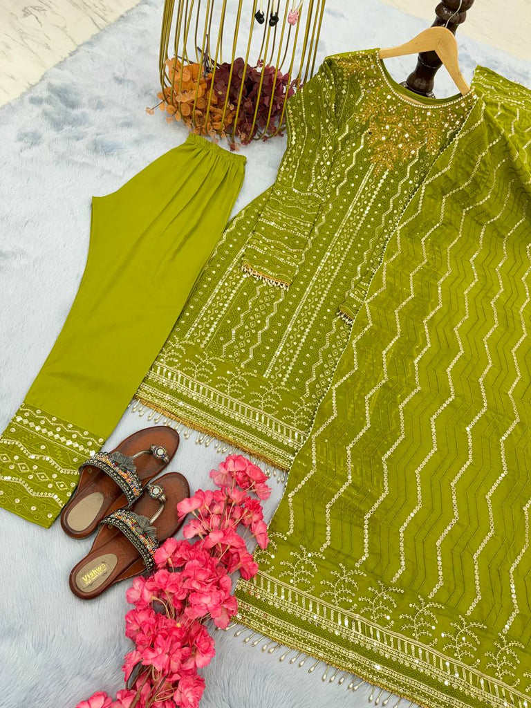 Parrot Green Premium Designer Party Wear Georgette Top, Bottom & Dupatta Set Clothsvilla