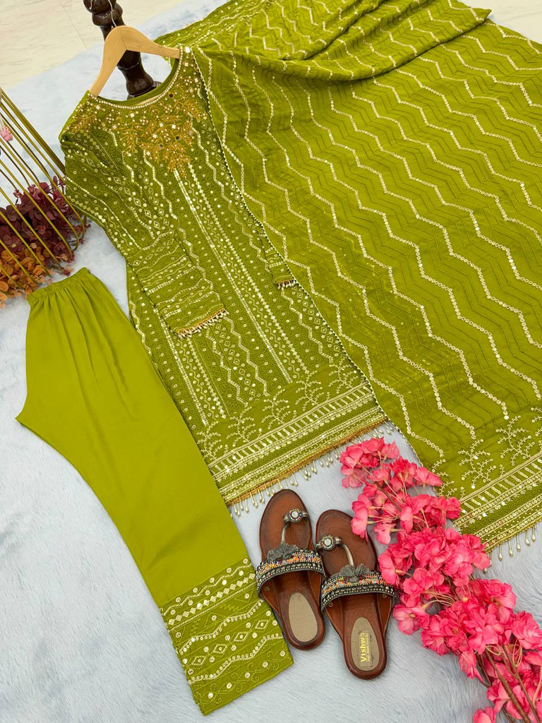 Parrot Green Premium Designer Party Wear Georgette Top, Bottom & Dupatta Set Clothsvilla