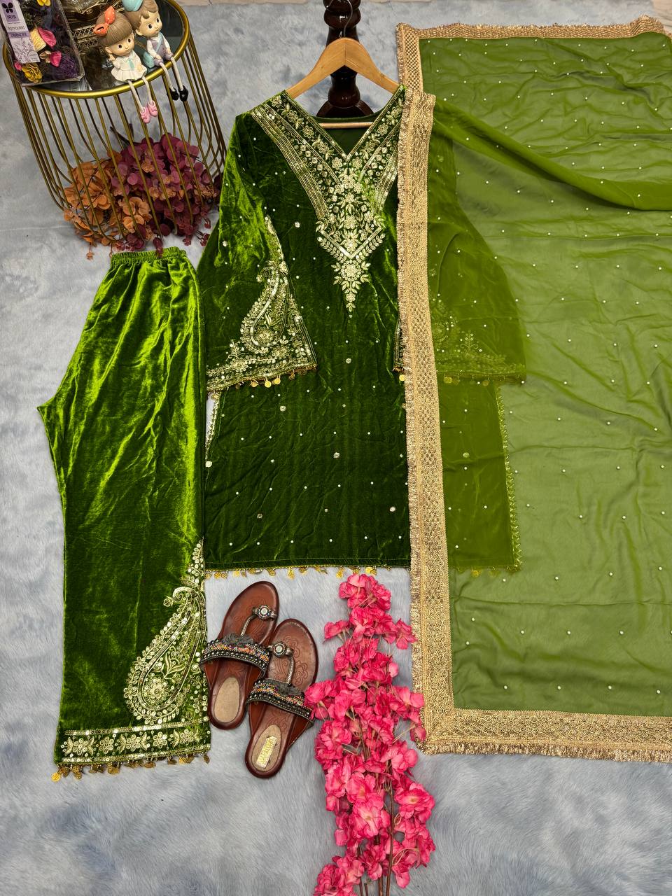 Parrot Green Premium Designer Party Wear Velvet Top, Palazzo & Dupatta Set Secondary image