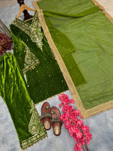 Load image into Gallery viewer, Parrot Green Premium Designer Party Wear Velvet Top, Palazzo &amp; Dupatta Set Clothsvilla