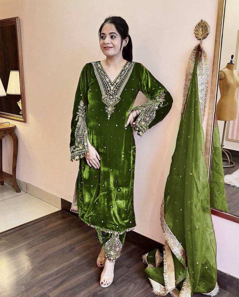 Parrot Green Premium Designer Party Wear Velvet Top, Palazzo & Dupatta Set Clothsvilla