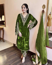 Load image into Gallery viewer, Parrot Green Premium Designer Party Wear Velvet Top, Palazzo &amp; Dupatta Set Clothsvilla