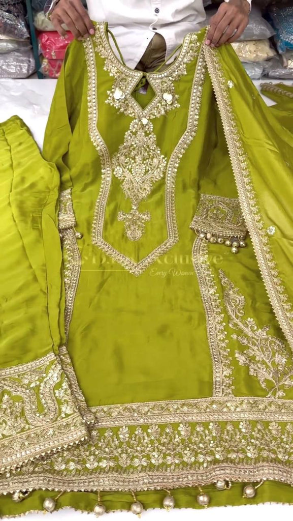 Parrot Green Premium Designer Readymade Chinon Silk Top, Plazzo & Dupatta Set – Party Wear Elegance Clothsvilla