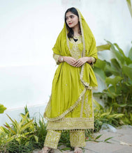 Load image into Gallery viewer, Parrot Green Premium Designer Readymade Chinon Silk Top, Plazzo &amp; Dupatta Set – Party Wear Elegance Clothsvilla