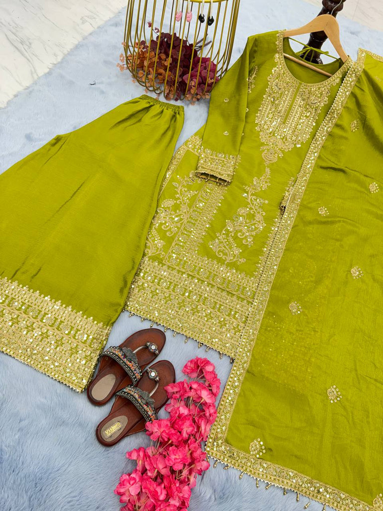 Parrot Green Premium Designer Readymade Top, Palazzo & Dupatta Set –Party Wear ClothsVilla