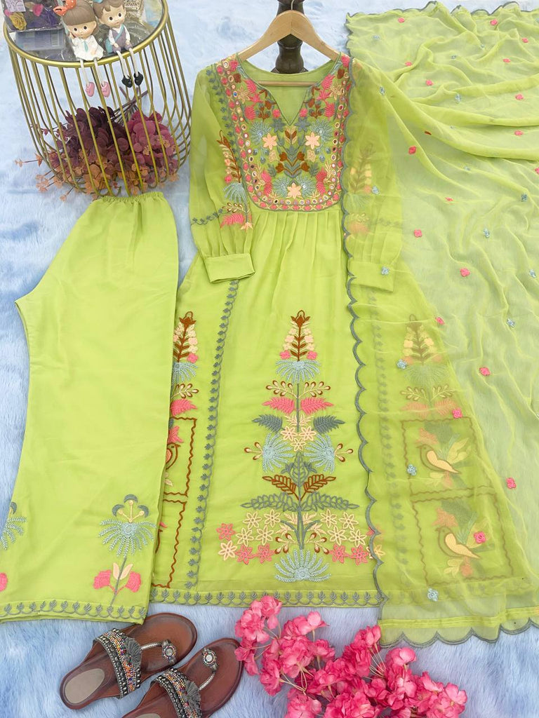 Parrot Green Premium Designer Readymade Top, Palazzo & Dupatta Set ClothsVilla