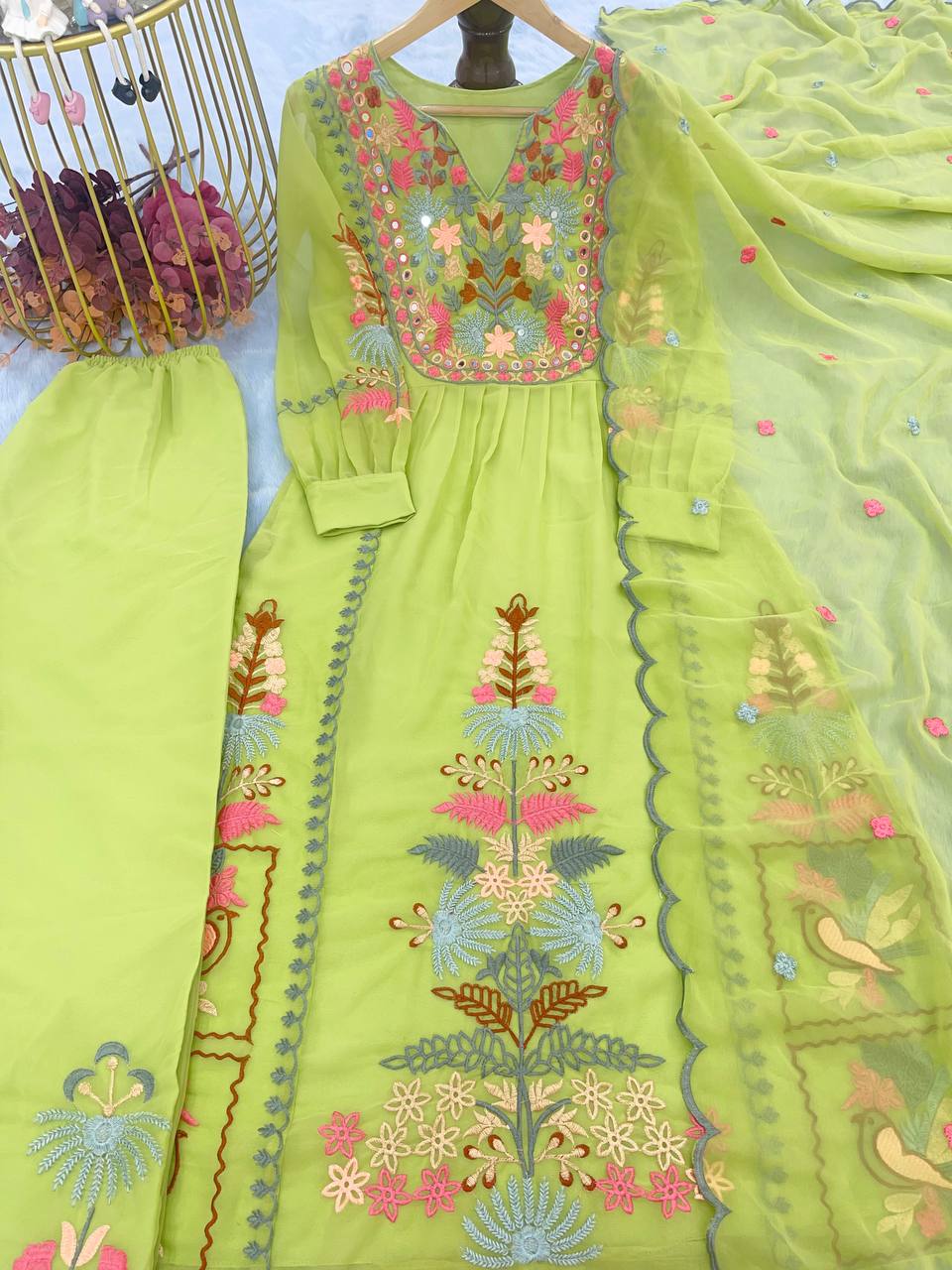 Parrot Green Premium Designer Readymade Top, Palazzo & Dupatta Set ClothsVilla