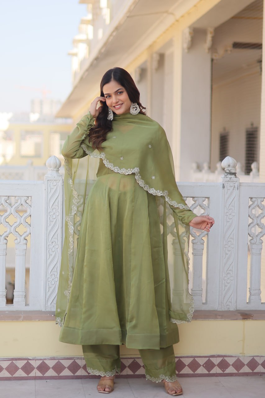 Parrot Green Premium Readymade Russian Silk Kurti Pant Dupatta Set - Graceful & Elegant ClothsVilla