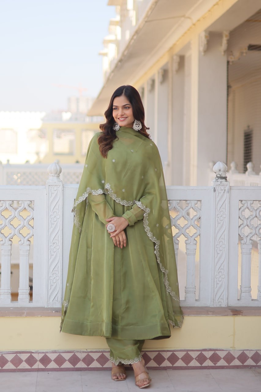 Parrot Green Premium Readymade Russian Silk Kurti Pant Dupatta Set - Graceful & Elegant ClothsVilla