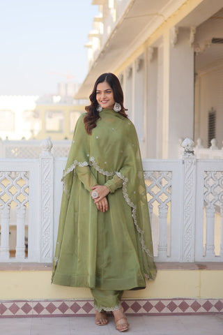 Parrot Green Premium Readymade Russian Silk Kurti Pant Dupatta Set - Graceful & Elegant ClothsVilla